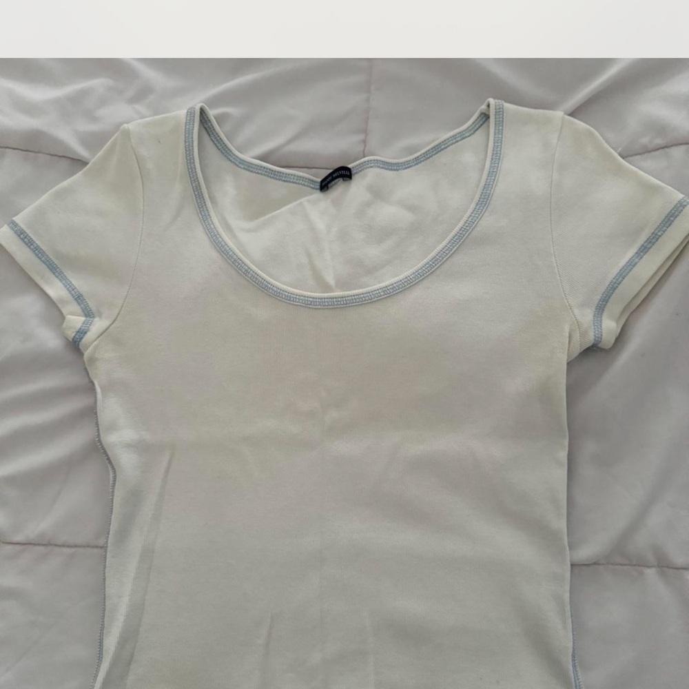 White Scoop Neck T-Shirt with Blue Trim